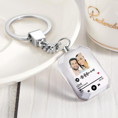 Personalised crystal keyring with chain and engraved photo — custom music code keychain gift