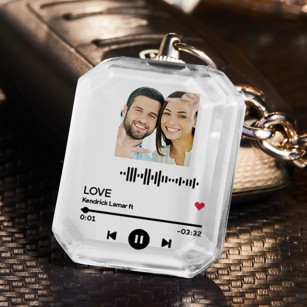 Double-sided personalised crystal photo keyring displayed at an angle to showcase the strong 3D effect and exceptional light transmission, UV printing for bright, fade-resistant colour