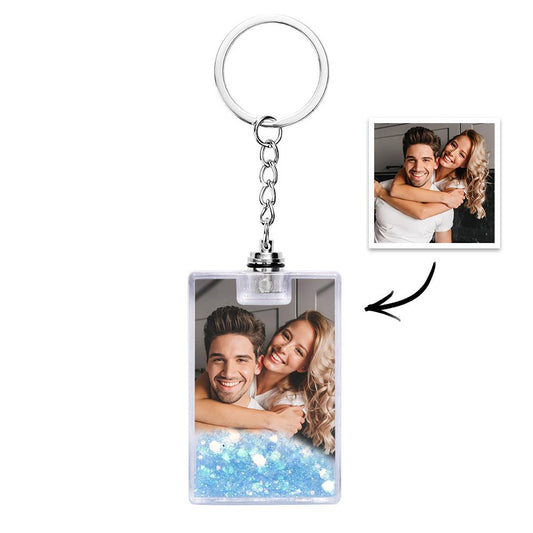 Personalised photo illuminated quicksand keychain front view showing custom image with soft LED glow and flowing sand effect, ideal personalised keyring gift