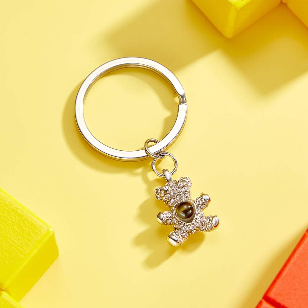 Custom bear keychain demonstrating the photo projection feature with a clear miniature image — thoughtful personalised keepsake present