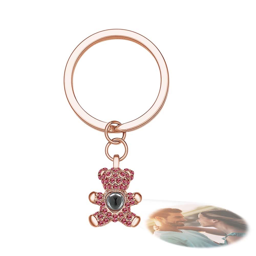 Bear-shaped personalised photo projection keychain on white background with chain and key ring — unique custom gift to cherish special memories