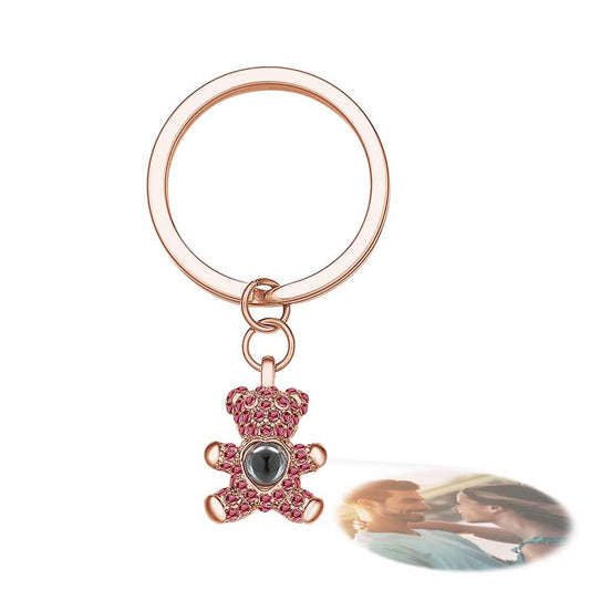 Bear-shaped personalised photo projection keychain on white background with chain and key ring — unique custom gift to cherish special memories