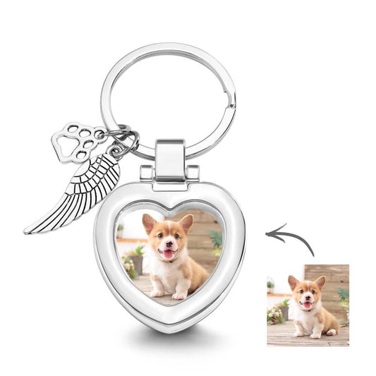 Custom photo keyring with angel wing and paw charm — personalised pet memorial alloy keyring with circular photo insert