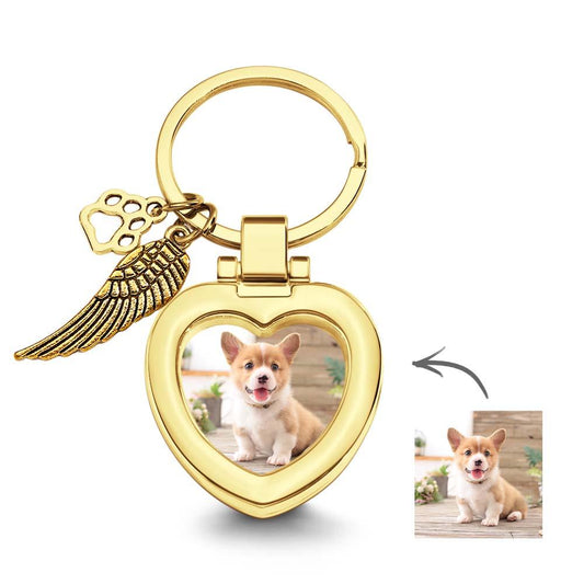 Custom photo keyring with angel wing and paw charm — personalised pet memorial alloy keyring with circular photo insert