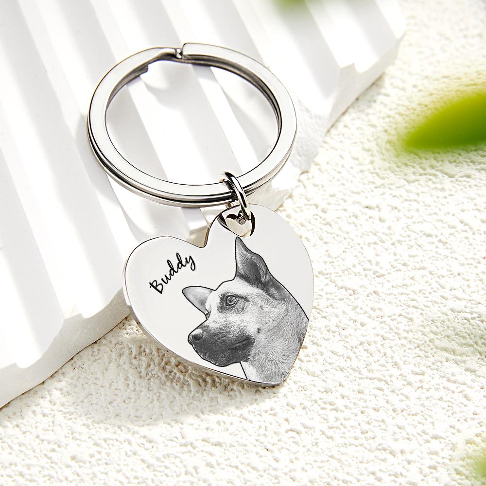 Personalised pet portrait heart keyring in polished stainless steel with engraved name 'Aaliyah' — custom name keychain keepsake gift