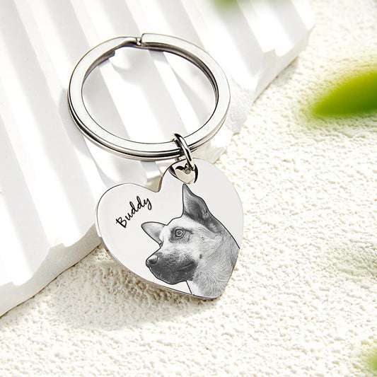 Personalised pet portrait heart keyring in polished stainless steel with engraved name 'Aaliyah' — custom name keychain keepsake gift