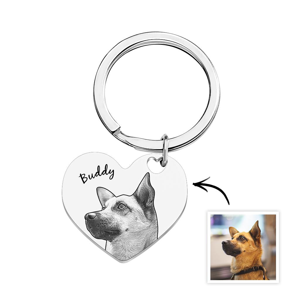 Personalised pet portrait heart keyring in polished stainless steel with engraved name 'Aaliyah' — custom name keychain keepsake gift