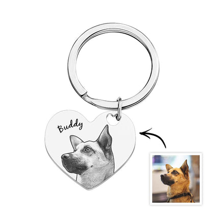 Personalised pet portrait heart keyring in polished stainless steel with engraved name 'Aaliyah' — custom name keychain keepsake gift