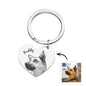 Personalised pet portrait heart keyring in polished stainless steel with engraved name 'Aaliyah' — custom name keychain keepsake gift