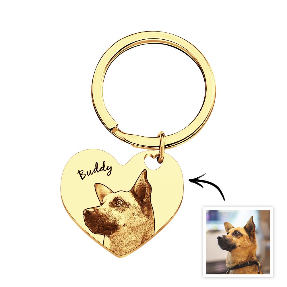 Packshot of personalised pet portrait heart keyring showing front engraving and polished finish — handcrafted stainless steel custom name keychain