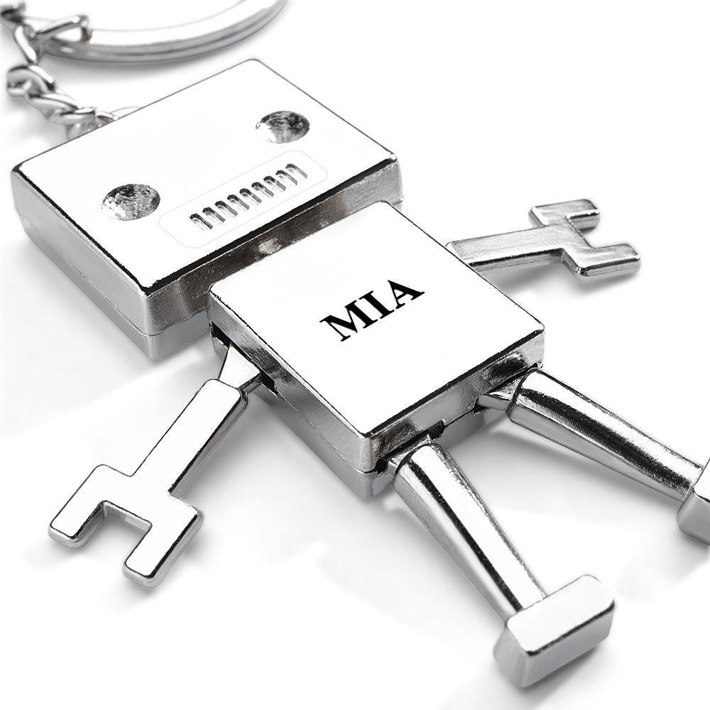 Personalised robot charm keyring detailed shot showing engraving and brushed metal finish — custom text option for Mother's Day or Valentine's Day