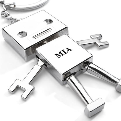 Personalised robot charm keyring detailed shot showing engraving and brushed metal finish — custom text option for Mother's Day or Valentine's Day
