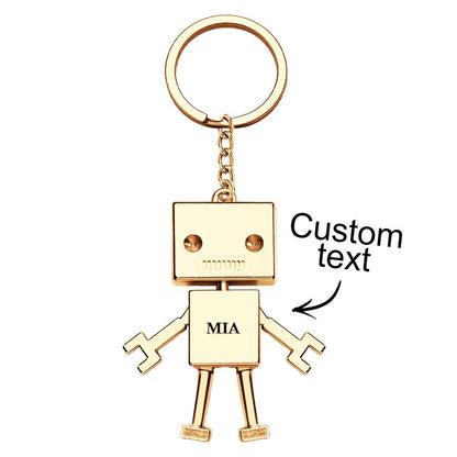 Personalised robot charm keyring detailed shot showing engraving and brushed metal finish — custom text option for Mother's Day or Valentine's Day