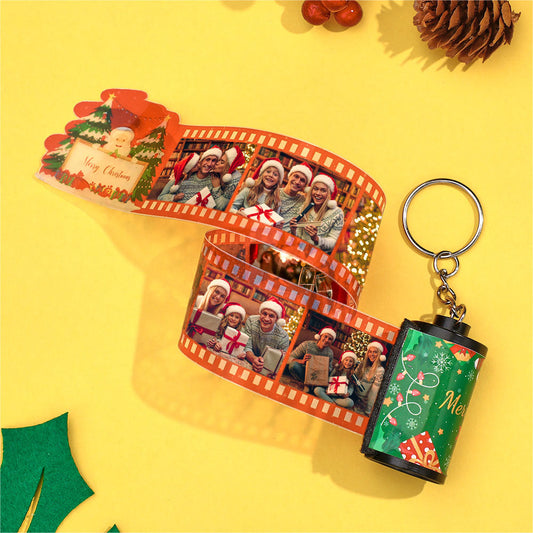 Close up of a Personalised Photo Film Keychain showing a retro miniature film strip with three custom high‑resolution photos and a silver split ring ideal as a Merry Christmas gift for couples and personalised photo keepsake