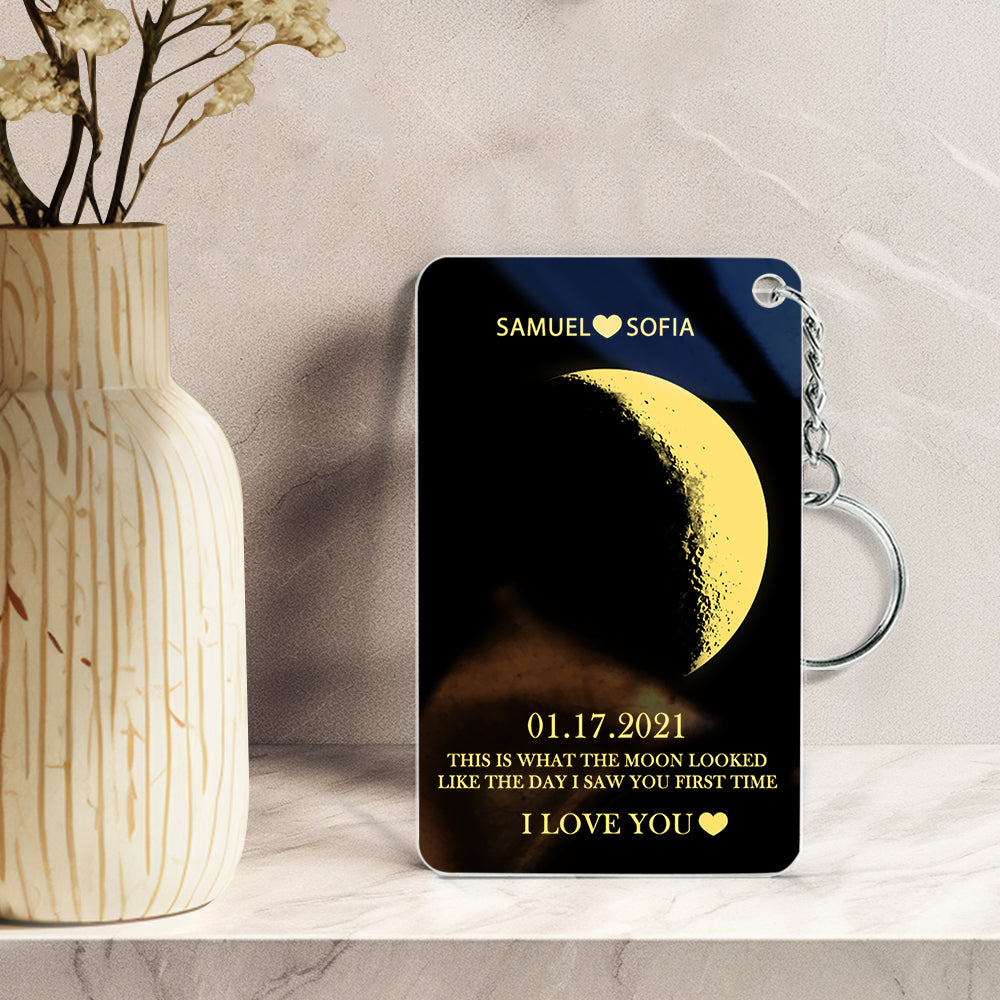 Personalised moon phase acrylic keychain showing the exact lunar phase for a chosen date with custom text — bespoke lunar keepsake