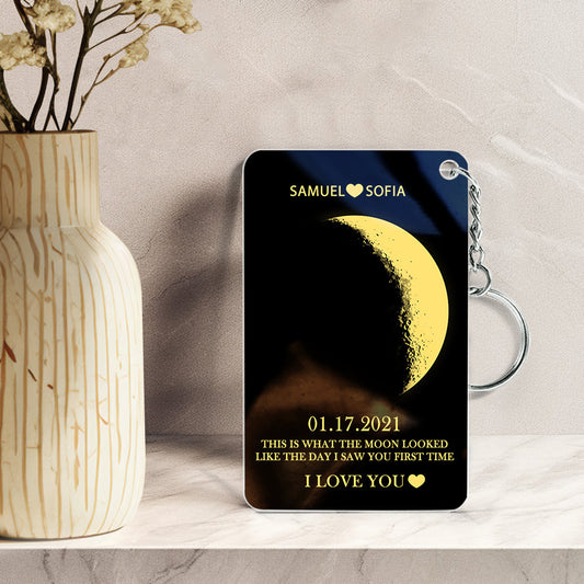 Personalised moon phase acrylic keychain showing the exact lunar phase for a chosen date with custom text — bespoke lunar keepsake