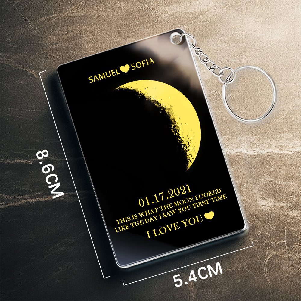 Close-up of personalised moon keyring — lightweight durable acrylic, precise lunar phase print and sturdy metal ring, ideal gift for her
