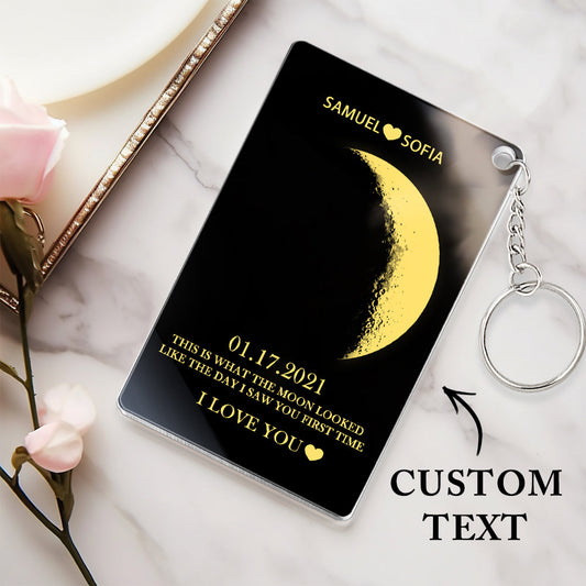 Personalised moon phase acrylic keychain showing the exact lunar phase for a chosen date with custom text — bespoke lunar keepsake