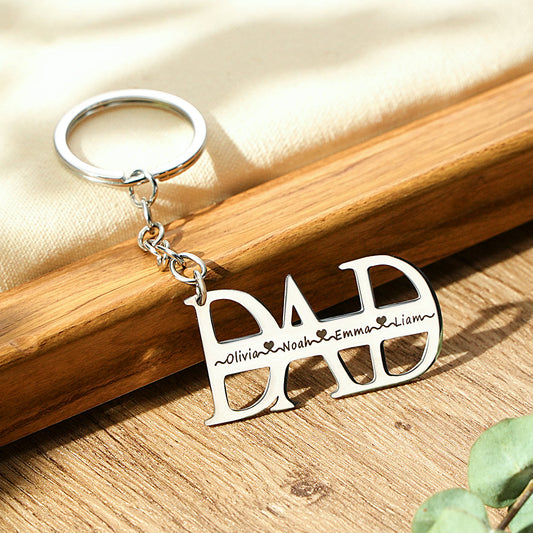 Compact stainless steel DAD keyring on a set of keys — everyday personalised keychain, ideal gift for dad