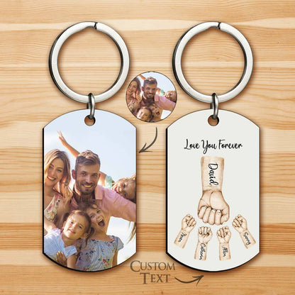 Personalised stainless-steel keyring with sturdy split ring and engraved family fist design – custom Father's Day gift and everyday accessory