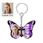 Personalised Butterfly & Cross Keychain on white background showing 'Once By My Side, Forever In My Heart' engraved-style text – acrylic memorial keyring 6cm × 4cm