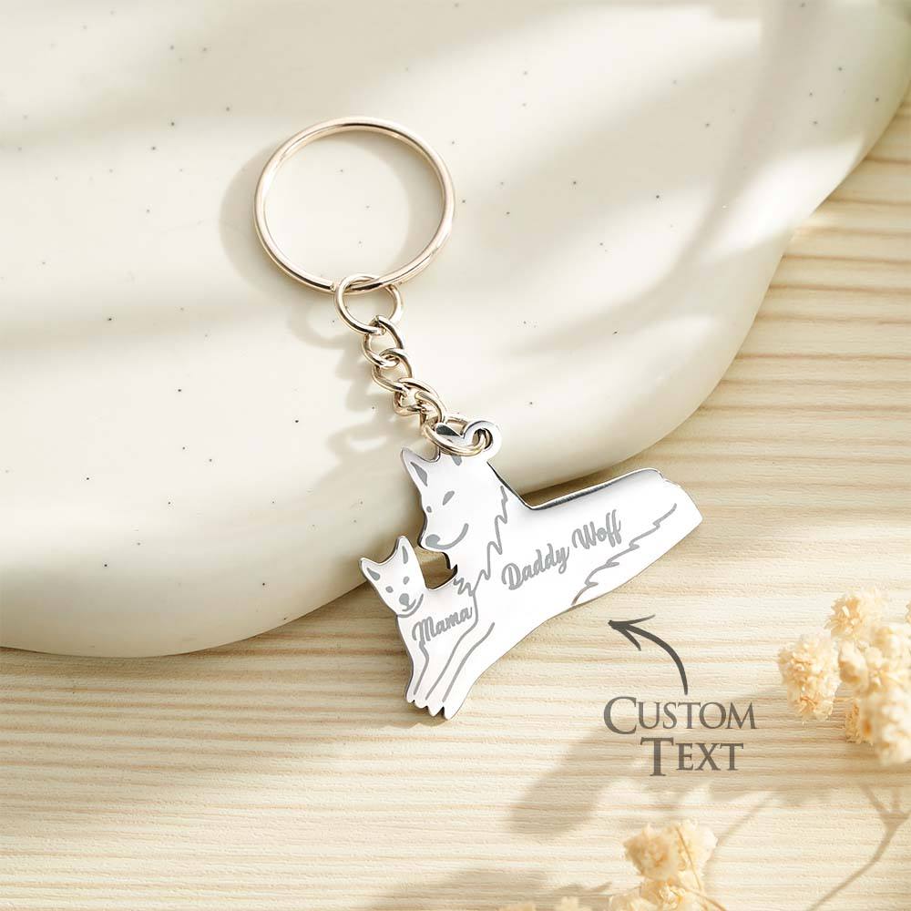 Studio flat lay of a personalised wolf keyring with engraved family names — engraved wolf family keyring made from tarnish‑resistant stainless steel