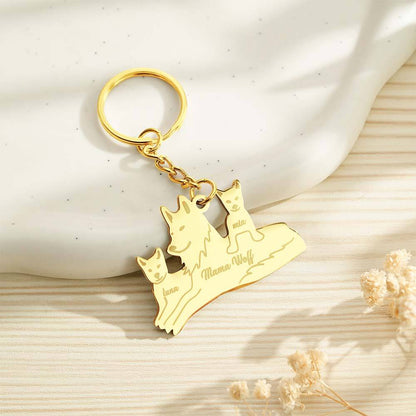 Polished stainless steel wolf pendant reflecting light with engraved names visible — premium personalised wolf keyring, custom name keychain