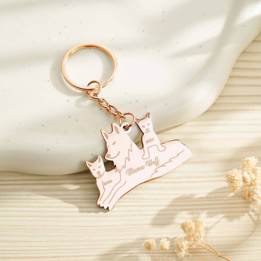 Multiple angle views showing front, side and back of the personalised wolf keyring — full view of the engraved wolf family keyring design