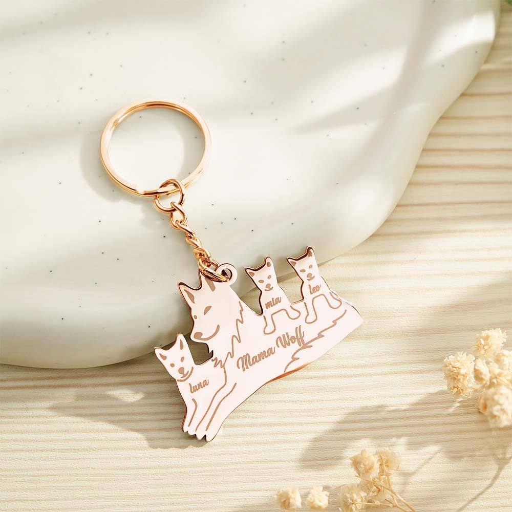 Close-up of personalised script engraving on the wolf pendant — bespoke engraved wolf family keyring with names or short phrases