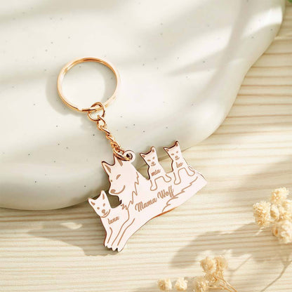 Close-up of personalised script engraving on the wolf pendant — bespoke engraved wolf family keyring with names or short phrases