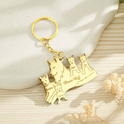 Neutral studio shot highlighting the shape and finish of a personalised wolf family keyring — engraved wolf family keyring, perfect personalised family gift