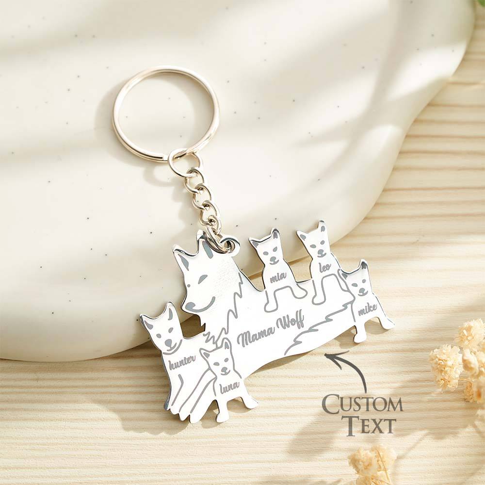 Gift presentation of a personalised wolf family keyring in a box — engraved family gift ready for Mother's Day, Christmas or anniversaries