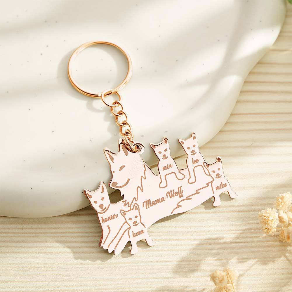 Assortment of personalised wolf family keyrings laid out to show individual name customisations — ideal personalised family gift for any occasion