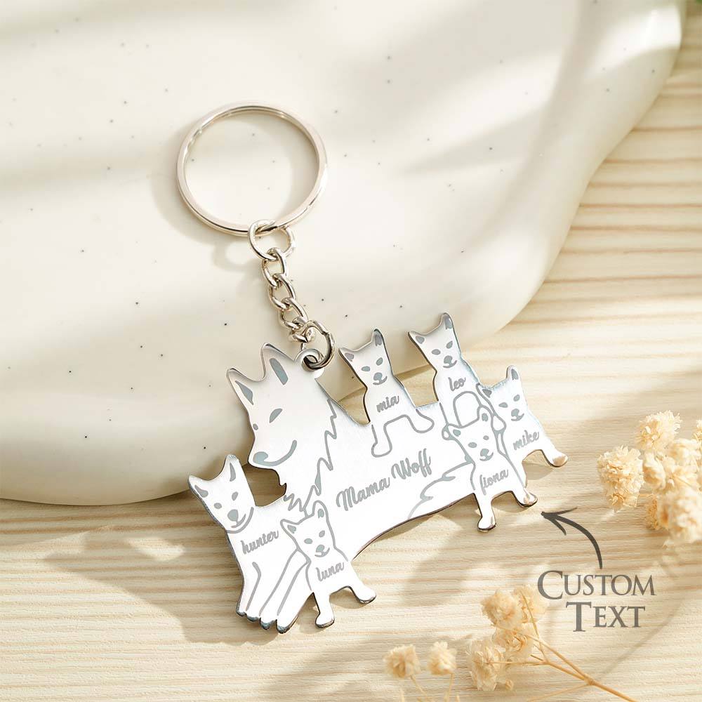 Back view showing engraving detail and sturdy split ring on a wolf family keyring — durable stainless steel personalised keychain