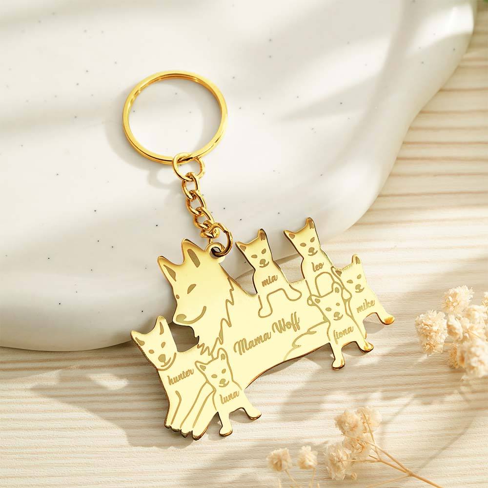 Angled close-up of the wolf silhouette pendant with legible engraved names — durable stainless steel personalised wolf keyring, engraved family keepsake