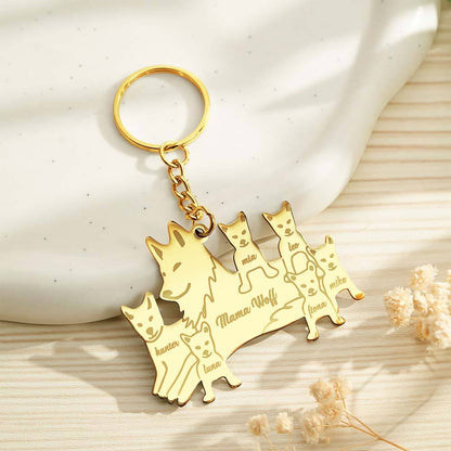 Angled close-up of the wolf silhouette pendant with legible engraved names — durable stainless steel personalised wolf keyring, engraved family keepsake