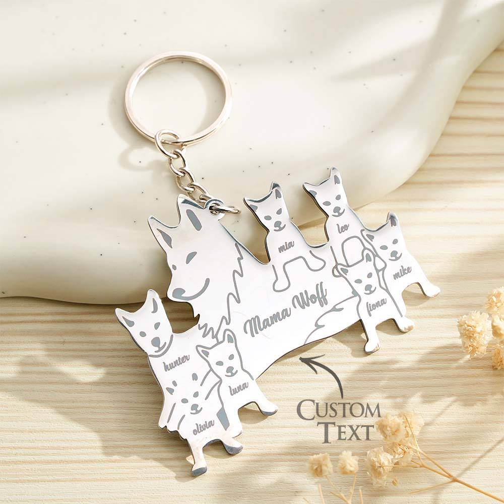 Lifestyle image of a personalised wolf keyring on a set of keys on a wooden surface — engraved wolf family keyring as a sentimental family gift