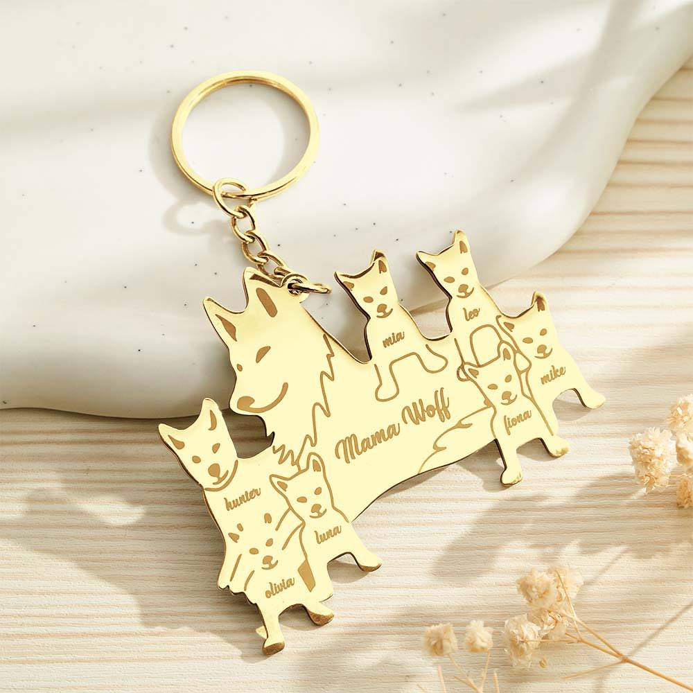 Hand-held scale view of a personalised wolf family keyring to show real size — engraved keyring for family, choose the right custom name keychain