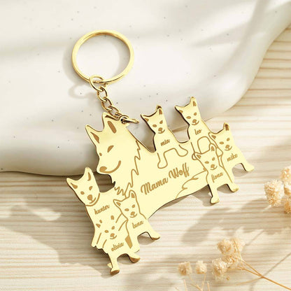 Hand-held scale view of a personalised wolf family keyring to show real size — engraved keyring for family, choose the right custom name keychain