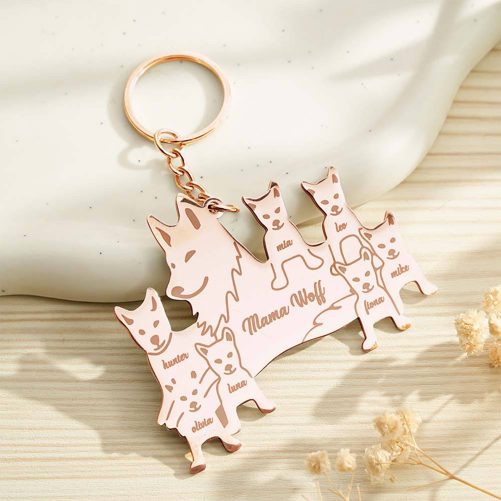 Tight crop of the wolf family design and engraved names on pendant — stylish engraved wolf family keyring, perfect custom name keychain for families