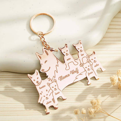 Tight crop of the wolf family design and engraved names on pendant — stylish engraved wolf family keyring, perfect custom name keychain for families