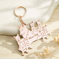 Tight crop of the wolf family design and engraved names on pendant — stylish engraved wolf family keyring, perfect custom name keychain for families
