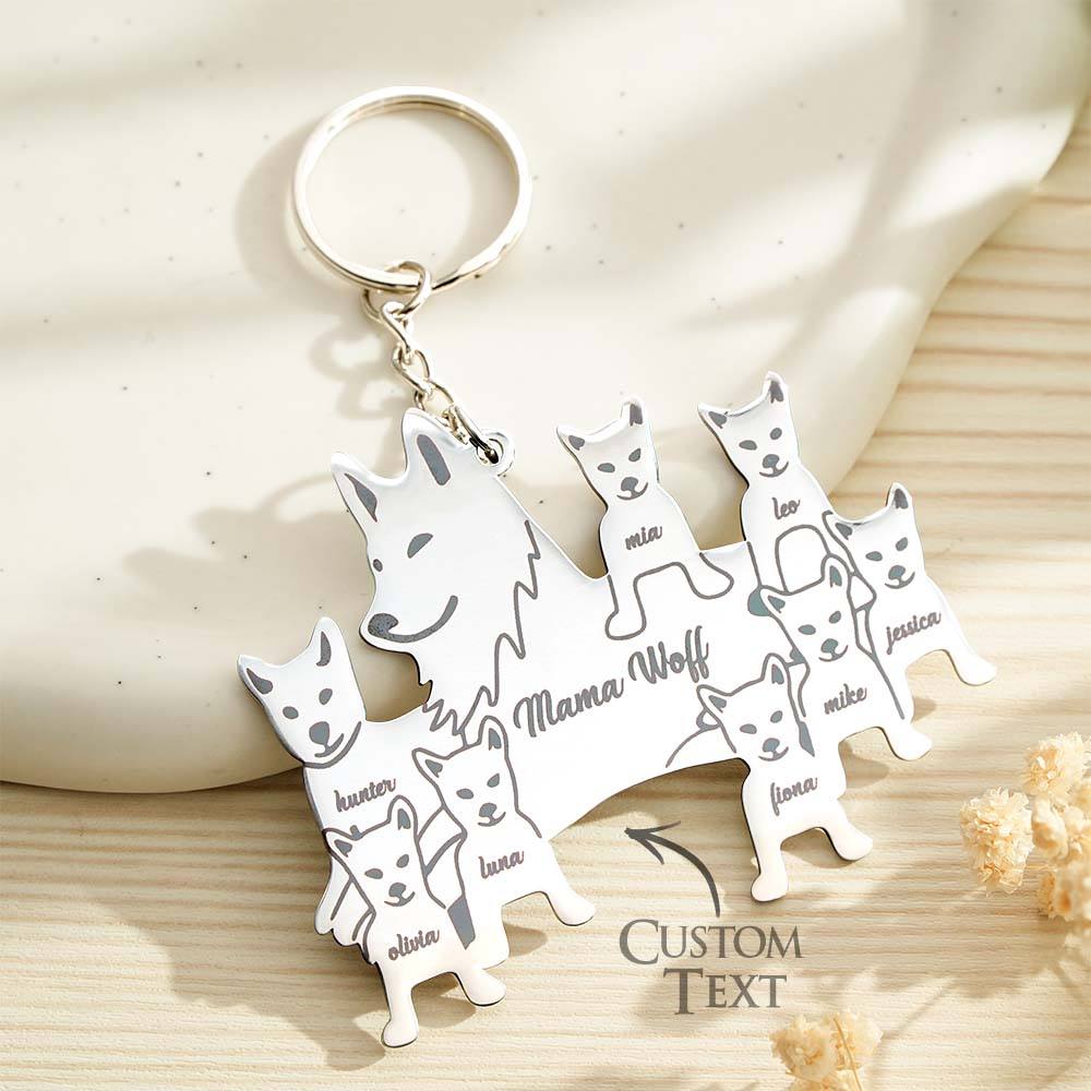 Detailed macro of laser engraving on the wolf pendant surface — clear personalised text on engraved wolf family keyring, custom name keychain