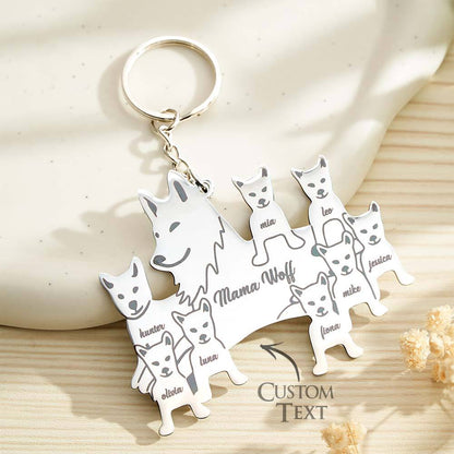 Detailed macro of laser engraving on the wolf pendant surface — clear personalised text on engraved wolf family keyring, custom name keychain