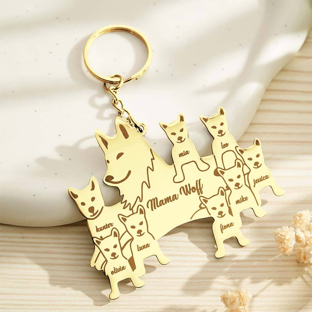 Close detail of the split-ring attachment and engraved edge on a wolf keyring — sturdy personalised wolf keyring, tarnish‑resistant engraved family gift