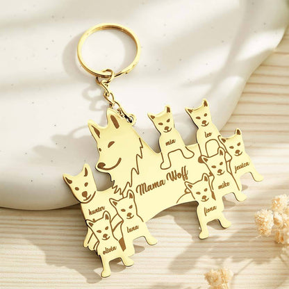 Close detail of the split-ring attachment and engraved edge on a wolf keyring — sturdy personalised wolf keyring, tarnish‑resistant engraved family gift