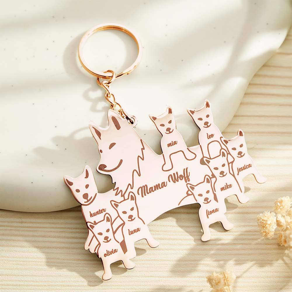 Keyring attached to a purse clasp in warm light showcasing engraving — personalised wolf family keyring gift idea for her or him