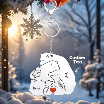 Pair of personalised Papa and Mama bear keyrings showing engraved family names