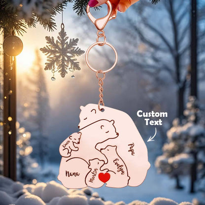 Lifestyle image of personalised Papa & Mama bear keyring attached to a handbag