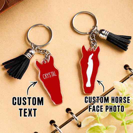 Personalised horse face acrylic keyring with tassel front view on white background showing horse facial design and metal ring